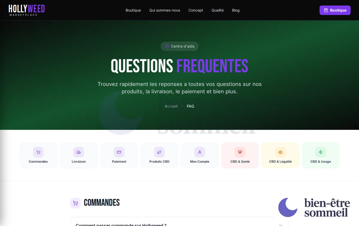 Capture : FAQ CBD : Commande, Livraison, Légalité | Hollyweed